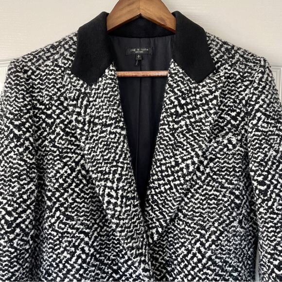 Rag & Bone Wooster Wooly Coat Black White Boucle Collared Pea Coat Wool Blend S - Picture 3 of 16